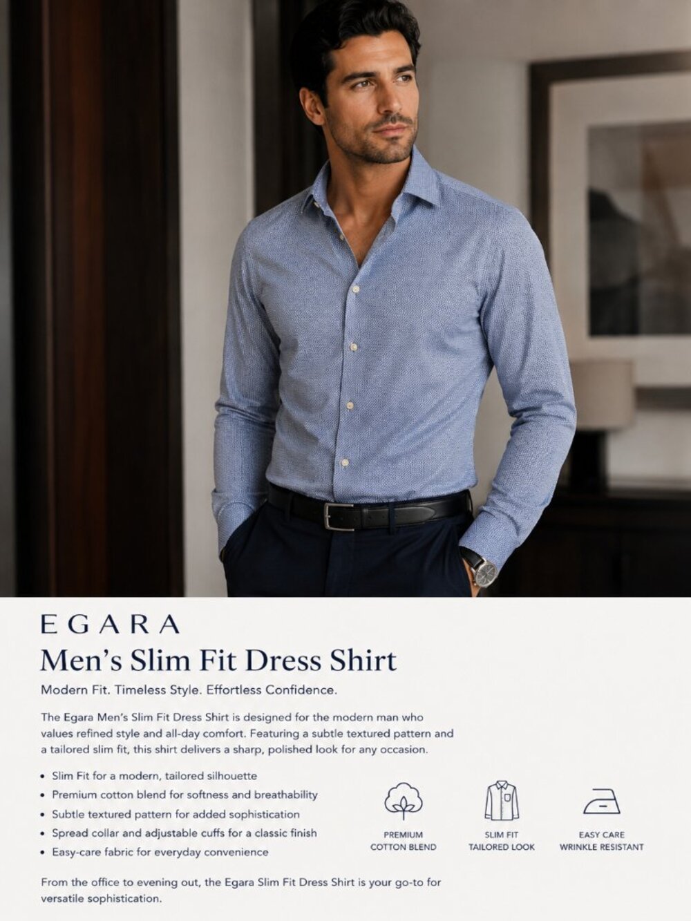 Egara Men’s Slim‎ Fit Dress Shirt Blue/White Micro Pattern